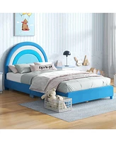 Gymax Kids Twin Platform Bed Frame Upholstered w/ Wooden Slats Support Blue