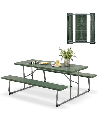 Costway Folding Picnic Table with 2 Benches All Weather Wood-like Tabletop Umbrella Hole