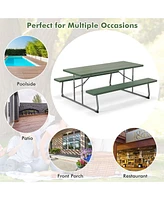 Costway Folding Picnic Table with Wood-like Tabletop, Umbrella Hole, 2 Benches for 8 Person