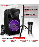 5 Core 12 Inch Tws Pair Bluetooth Party Speakers 500 Watt Portable Karaoke Pa System Rechargeable Loud Speaker + Tripod Stand & 2x Wireless Mics Led L