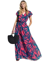 Hotsquash London Women's Abstract Print Chiffon Faux Wrap Maxi Dress