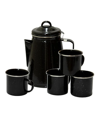 Stansport Enamel Percolator Coffee Pot & 4 Mug Set - Black