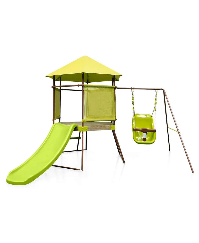 Sugift 4-in-1 Swing Set with Covered Playhouse Fort and Height Adjustable Baby Seat