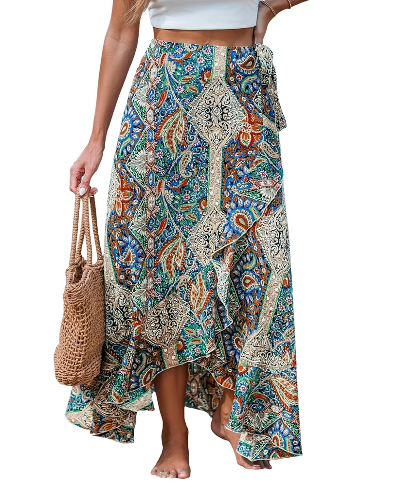 Cupshe Women's Paisley Wrap Asymmetrical Hem Maxi Skirt