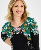 Jm Collection Women's Printed Jacquard 3/4-Sleeve Top, Created for Macy's