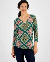 Jm Collection Women's Printed 3/4-Sleeve V-Neck Top, Created for Macy's