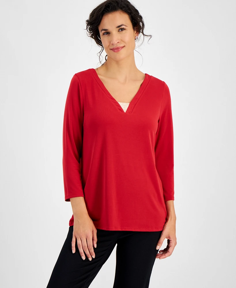 Jm Collection Women's Shine V-Neck 3/4-Sleeve Top, Created for Macy's