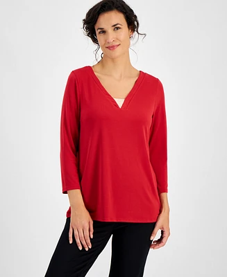 Jm Collection Women's Shine V-Neck 3/4-Sleeve Top, Created for Macy's