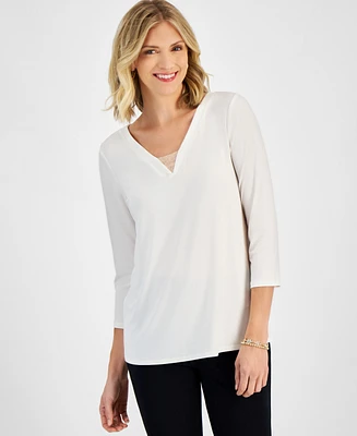 Jm Collection Women's Shine V-Neck 3/4-Sleeve Top, Created for Macy's
