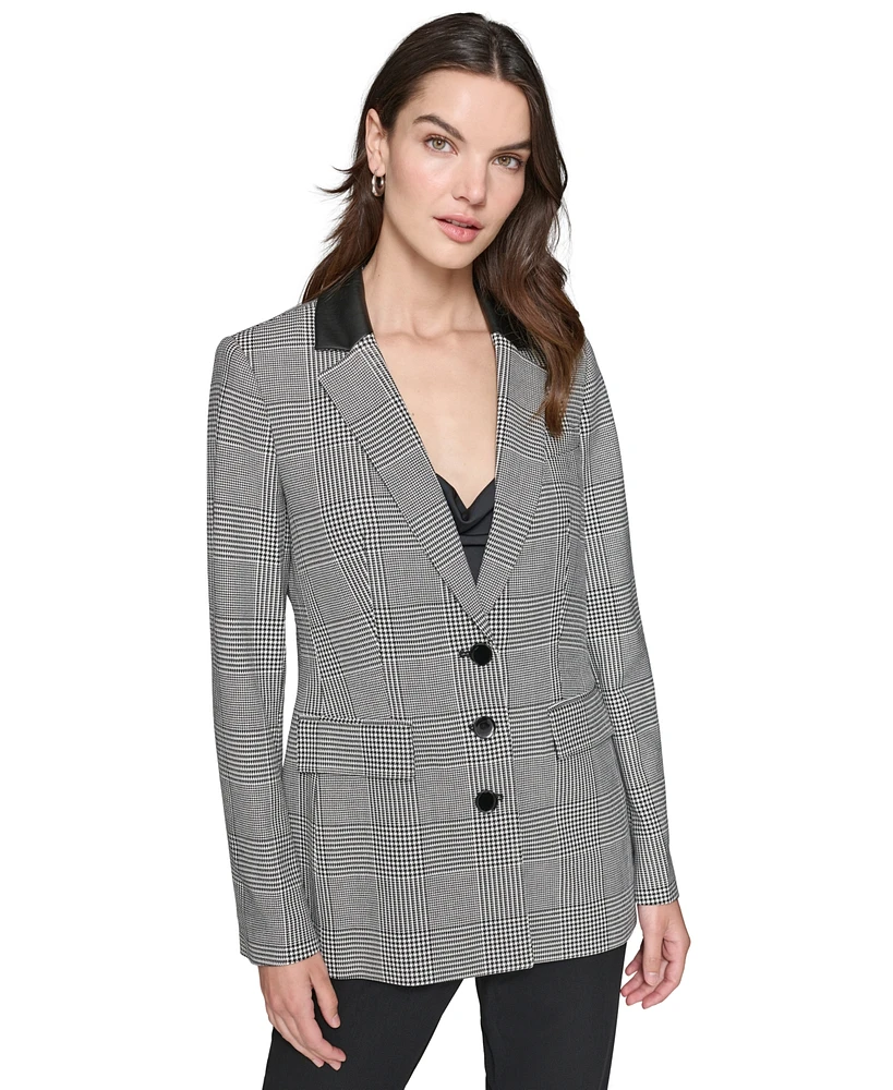 Karl Lagerfeld Paris Women's Plaid Faux-Leather-Collar Button-Down Jacket