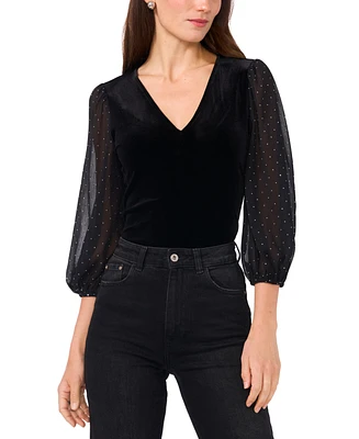 Vince Camuto Women's Velvet V-Neck Sheer-Sleeve Top