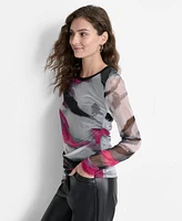 Dkny Women's Printed-Mesh Ruched-Side Long-Sleeve Top