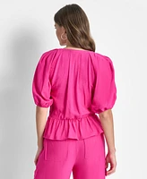 Dkny Women's V-Neck Zip-Front Short-Sleeve Top