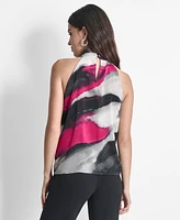 Dkny Women's Twisted-Neck Sleeveless Marbled-Print Top