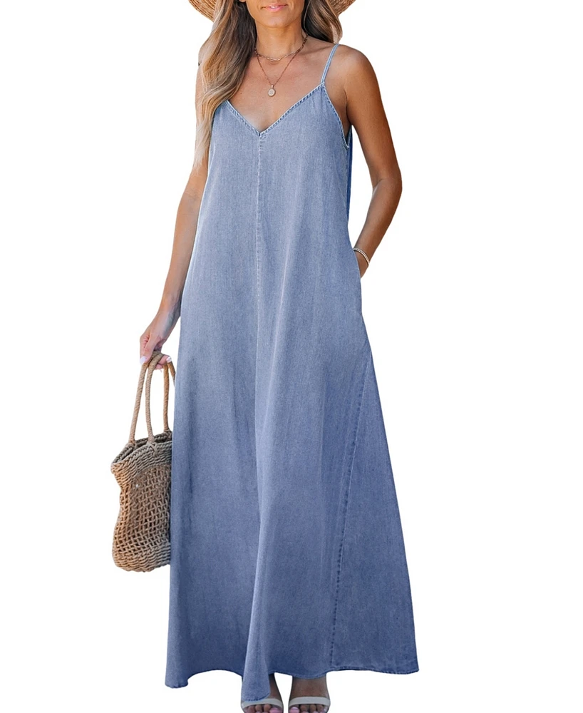 Cupshe Women's Denim V-Neck Sleeveless Maxi Beach Dress