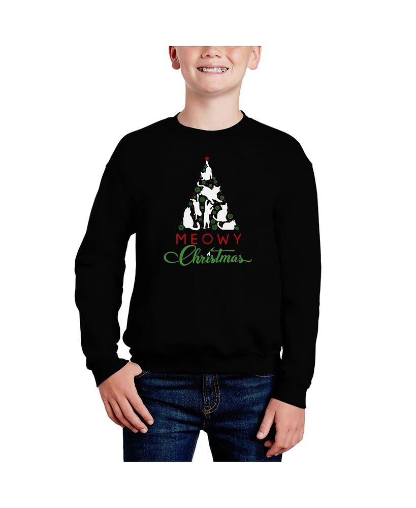 La Pop Art Boys Meowy Christmas Tree Word Crewneck Sweatshirt