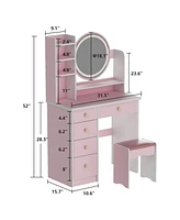 Famapy 5-Drawers Pink Wood Makeup Vanity Set Dressing Desk