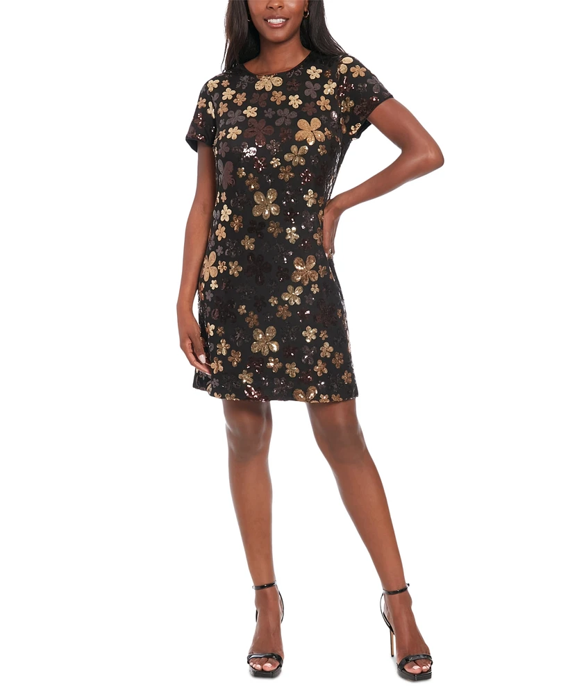 London Times Women's Floral Sequin Short-Sleeve Shift Dress