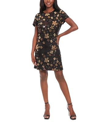 London Times Women's Floral Sequin Short-Sleeve Shift Dress