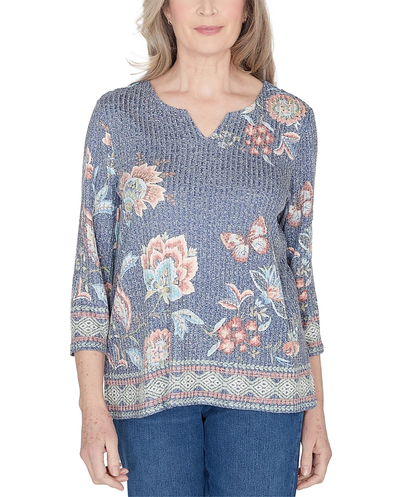 Alfred Dunner Petite Floral Border Split-Neck Top