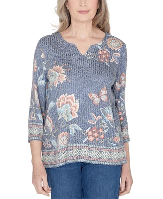 Alfred Dunner Petite Floral Border Split-Neck Top