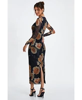 Quiz Women's Floral Rhinestone Mesh Round Neck Maxi Dress