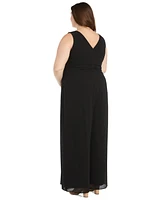 R & M Richards Plus Plunge-Neck Chiffon Jumpsuit