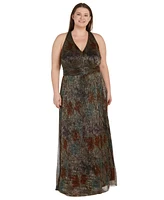 R & M Richards Plus Pleated Metallic Halter Gown