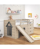 Sugift 3-In-1 Twin Loft Bed with Slide Ladder Drawers for Kids Teens-Beige