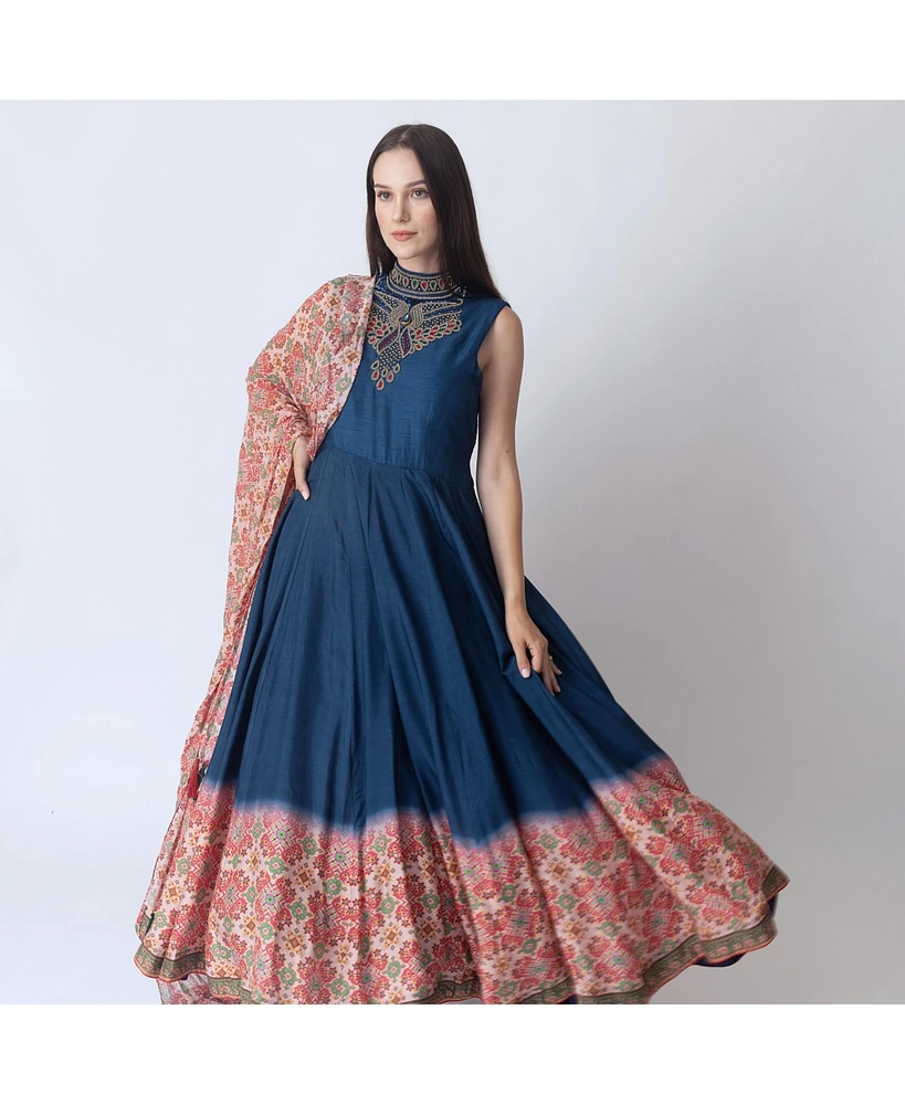 Raas Women's Blue Anarkali Suit with Hand Embroidery on the Torso and Patola Print Hem