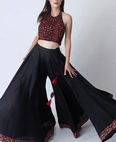 Raas Women's Full Flare Palazzo Pants with Hand Embroidered Halter Crop Top