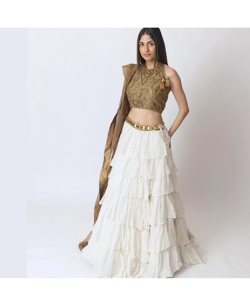 Raas Women's Gold and White Tiered Lehenga Choli