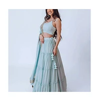 Raas Women's Shimmer Sky Blue Tiered Skirt with Blouse and Dupatta