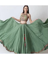 Raas Women's Pista Green Hand Embroidered Crop Top and Skirt Set with Floral Handwork