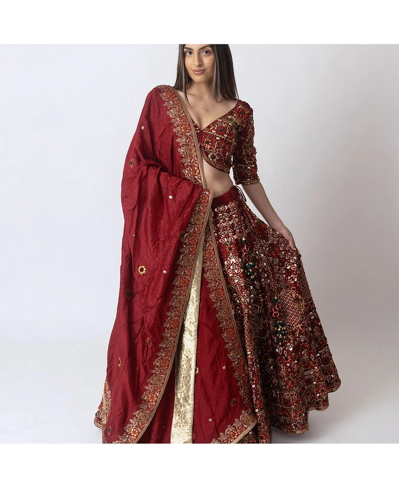 Raas Women's Hand Embroidered Red Silk Lehenga Choli with Sleeves