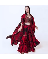 Raas Women's Black and Red Hand Tie Dye Palazzo Pantsuit with Embroidered Blouse Jacket