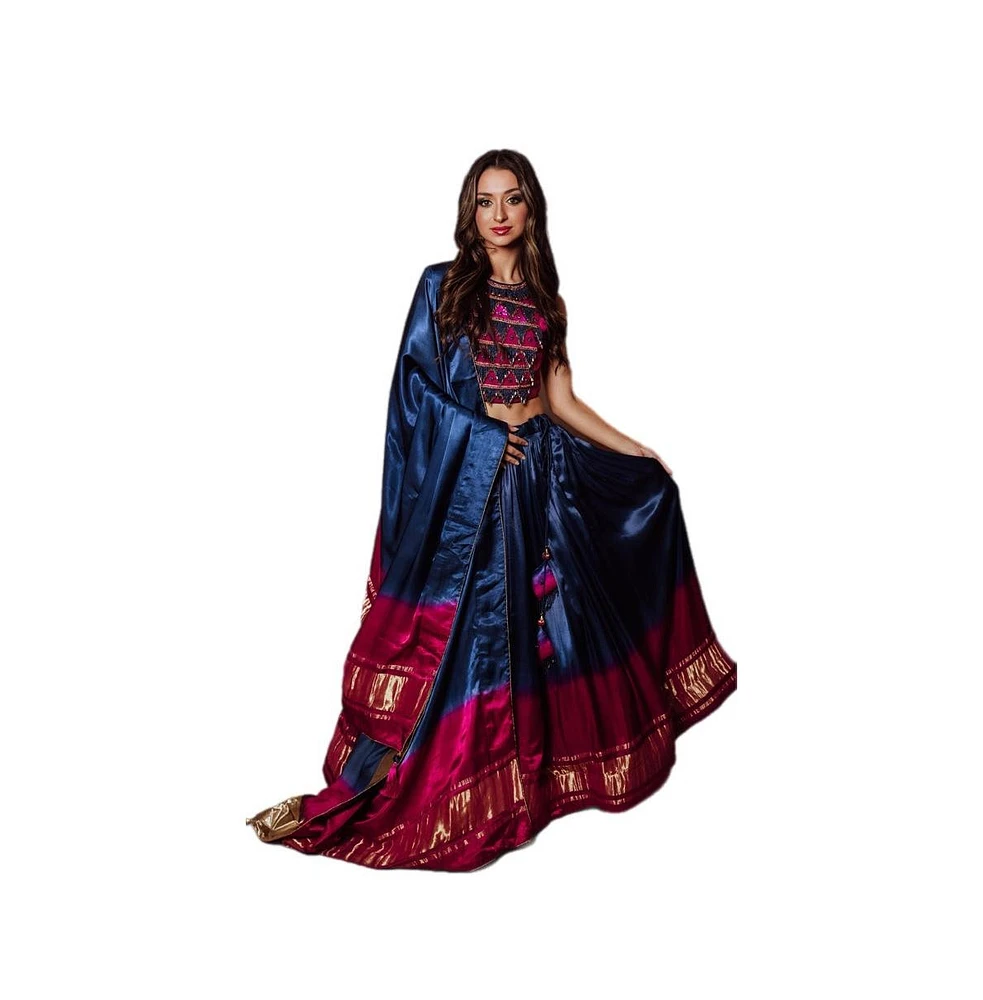 Raas Women's Blue and Pink Gaji Silk Lehenga Skirt with Sequins Cutdana Embroidery Crop Blouse