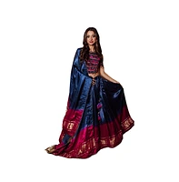 Raas Women's Blue and Pink Gaji Silk Lehenga Skirt with Sequins Cutdana Embroidery Crop Blouse