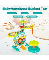 3 Pieces Electric Kids Drum Set with Microphone Stool Pedal