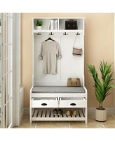 Famapy 68.5 in. White Wood 3-in-1 Hall Tree Coat Rack Storage Bench with 4-Metal Double Hooks and 2-Drawers, Shelves
