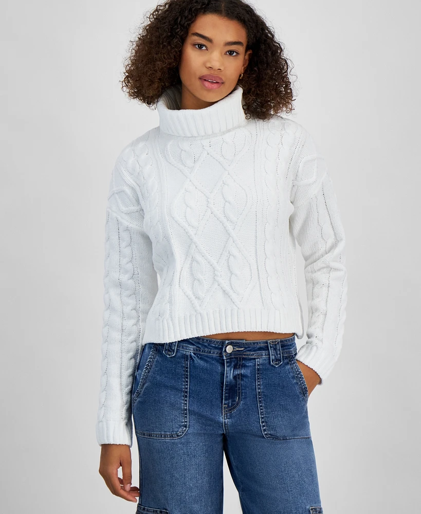 Hippe Rose Juniors' Cropped Cable-Knit Turtleneck Sweater