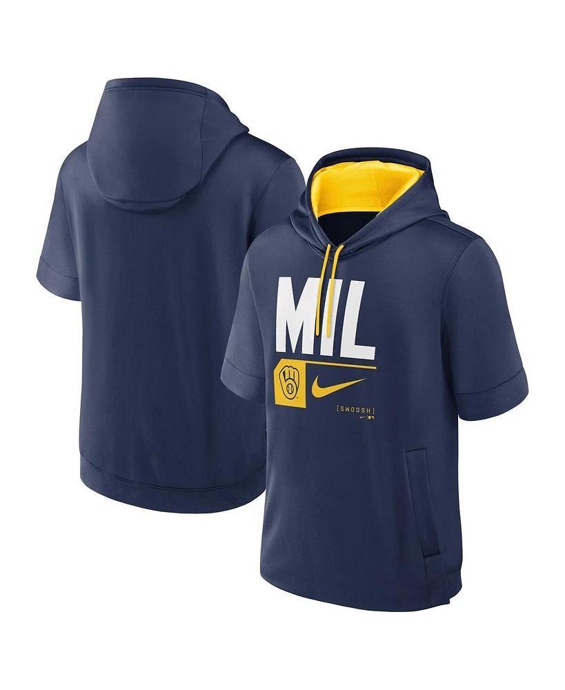 Nike Men's Navy Milwaukee Brewers Tri Code Lockup Short Sleeve Pullover Hoodie