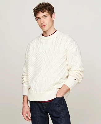 Tommy Hilfiger Men's Cable Knit Crewneck Pullover Long Sleeve Flag Sweater