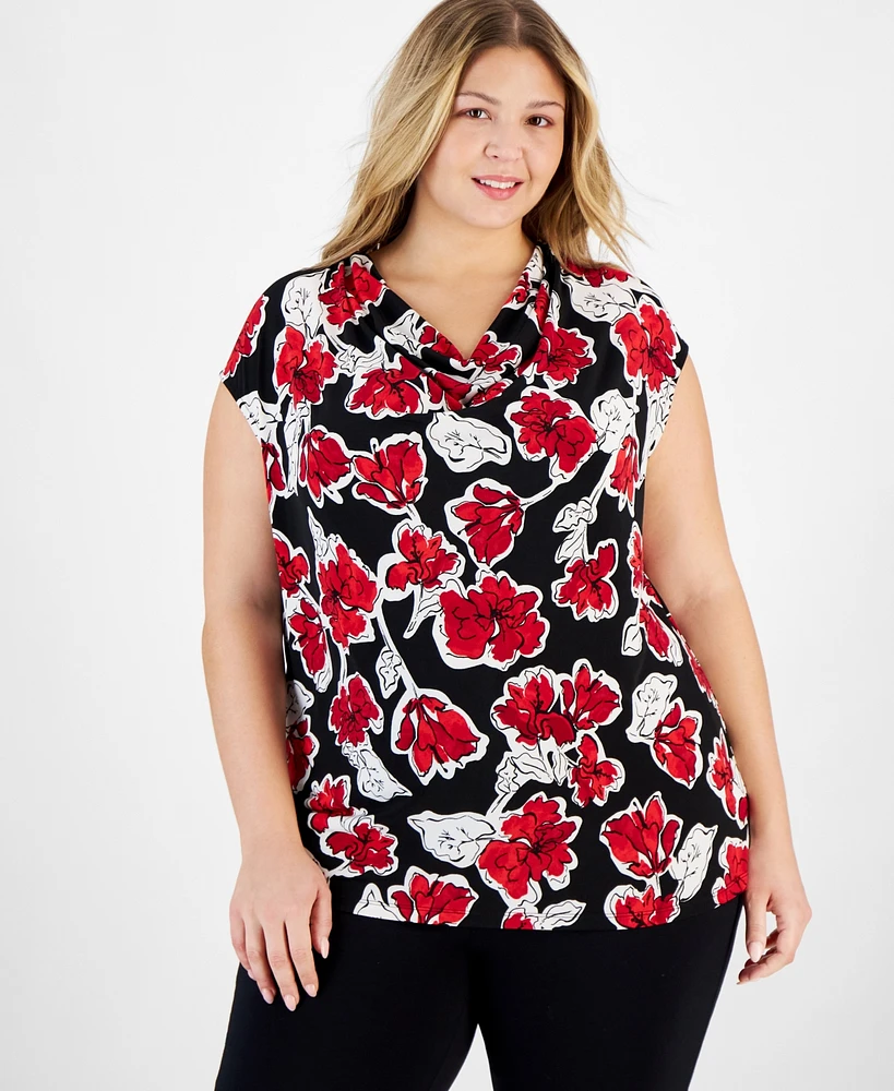 Kasper Plus Floral-Print Cap-Sleeve Cowlneck Top