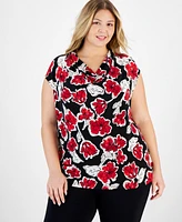 Kasper Plus Floral-Print Cap-Sleeve Cowlneck Top