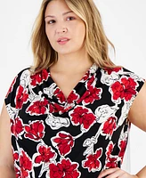 Kasper Plus Floral-Print Cap-Sleeve Cowlneck Top