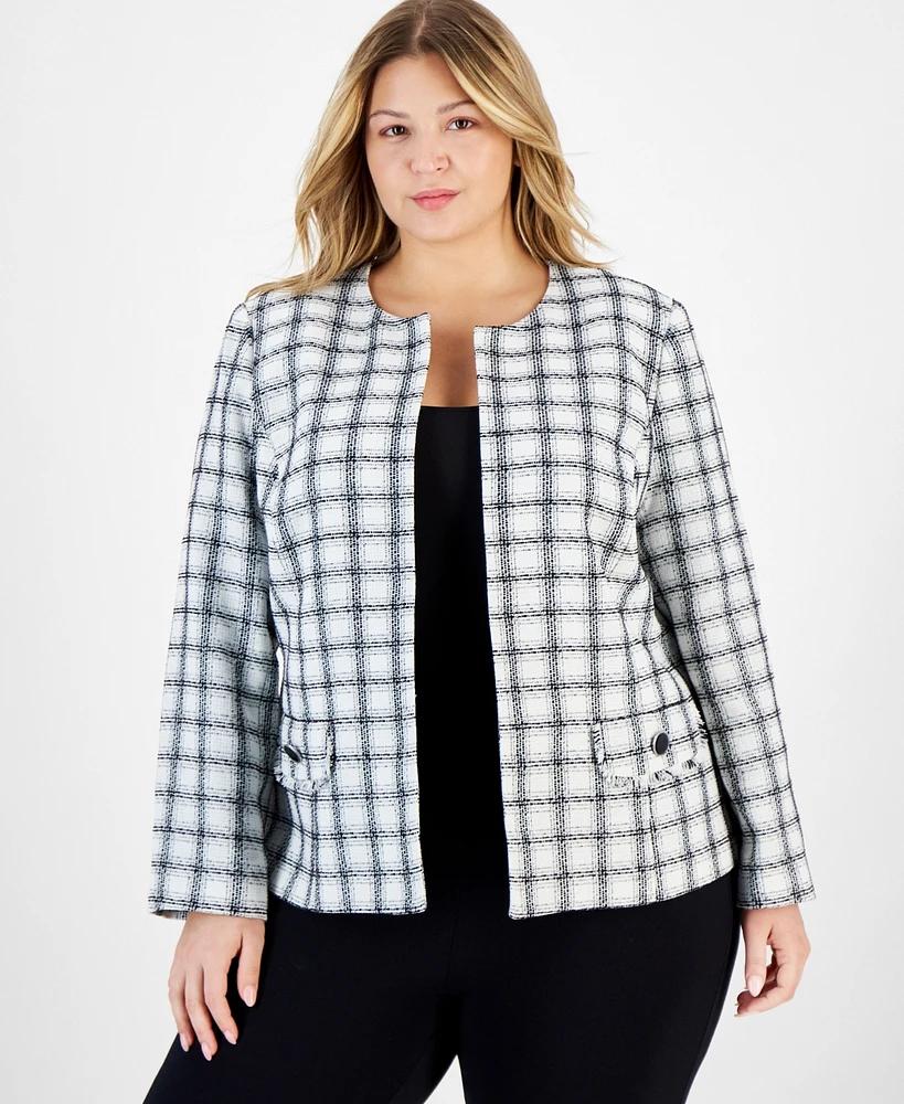 Kasper Plus Tweed Open-Front Collarless Cardigan