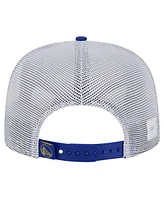 New Era Men's Royal Golden State Warriors Puff Print Team Code A-Frame 9FIFTY Trucker Snapback Hat