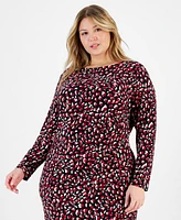 Kasper Plus Printed Boat-Neck Long-Sleeve Dress