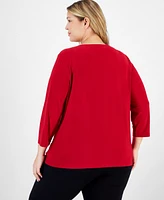 Kasper Plus Pleated Keyhole 3/4-Sleeve Blouse